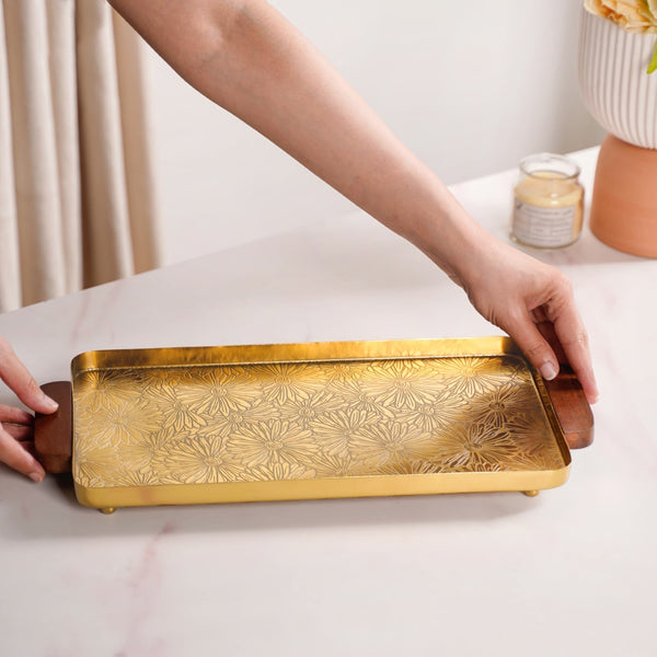 Large Daisy Embossed Metal Tray With Mango Wood Handles