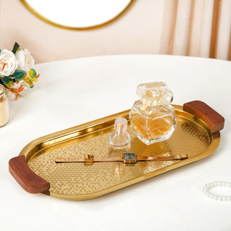 Geometric Embossed Oval Metal Tray With Wooden Handles