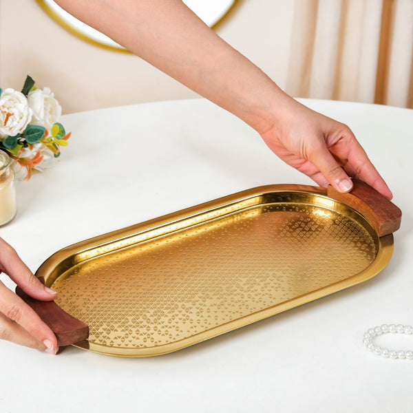 Geometric Embossed Oval Metal Tray With Wooden Handles