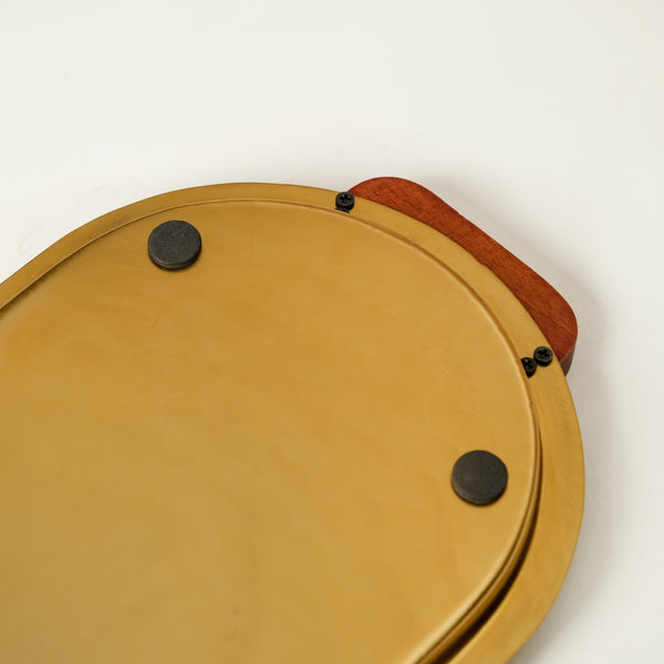 Geometric Embossed Oval Metal Tray With Wooden Handles