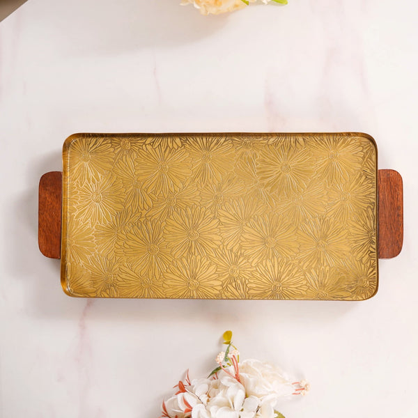 Large Daisy Embossed Metal Tray With Mango Wood Handles