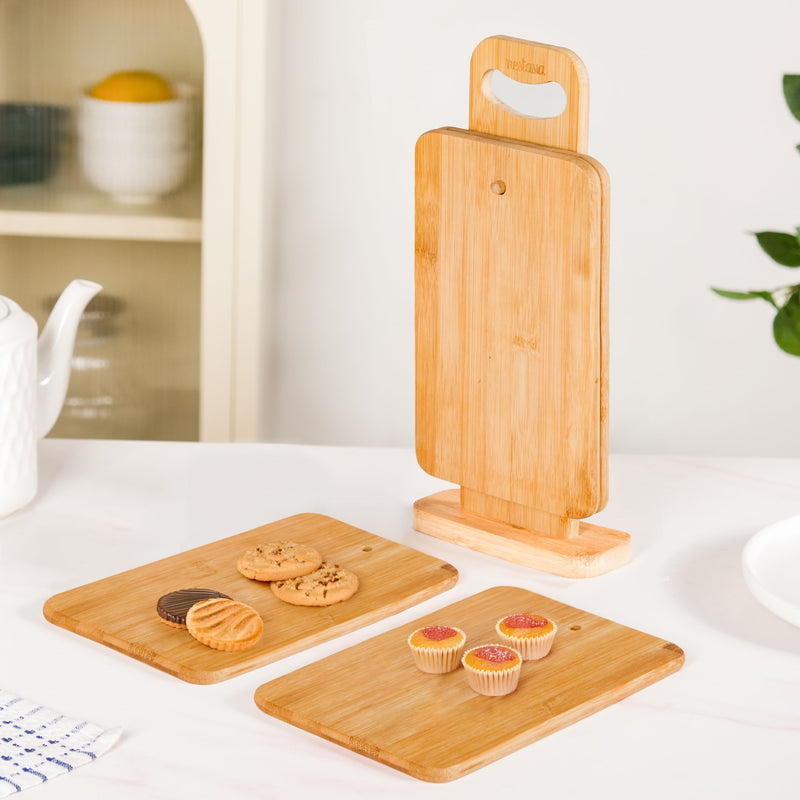 Set Of 4 Bamboo Platters With Stand