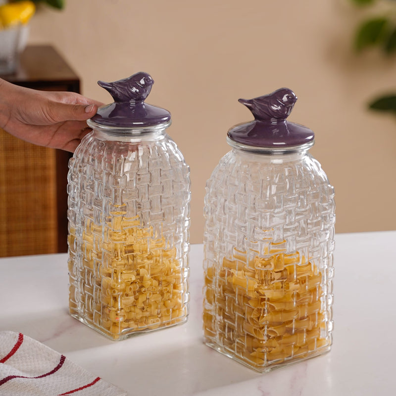 Set Of 2 Basket weave Mason Jar With Purple Bird Lid 2000ml