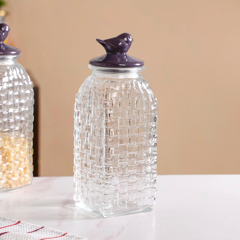 Set Of 2 Basket weave Mason Jar With Purple Bird Lid 2000ml
