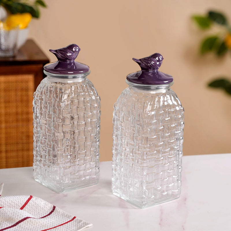 Set Of 2 Basket weave Mason Jar With Purple Bird Lid 2000ml