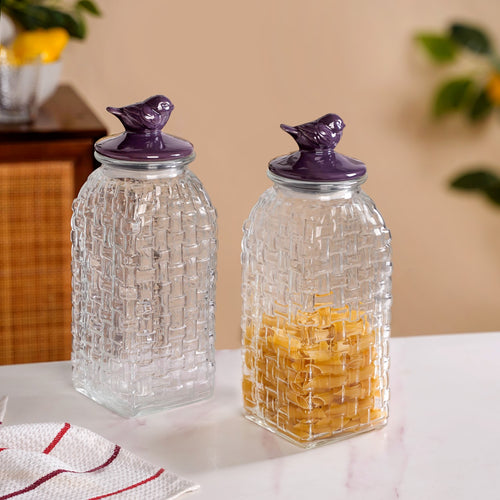 Set Of 2 Basket weave Mason Jar With Purple Bird Lid 2000ml
