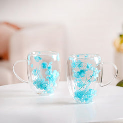Set Of 2 Double Walled Flower Captured Coffee Mug Blue 350ml