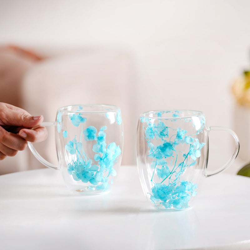 Set Of 2 Double Walled Flower Captured Coffee Mug Blue 350ml