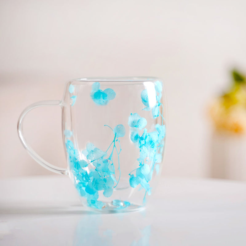 Set Of 2 Double Walled Flower Captured Coffee Mug Blue 350ml
