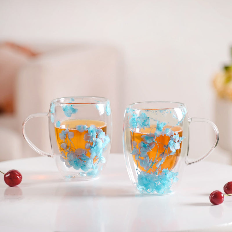 Set Of 2 Double Walled Flower Captured Coffee Mug Blue 350ml