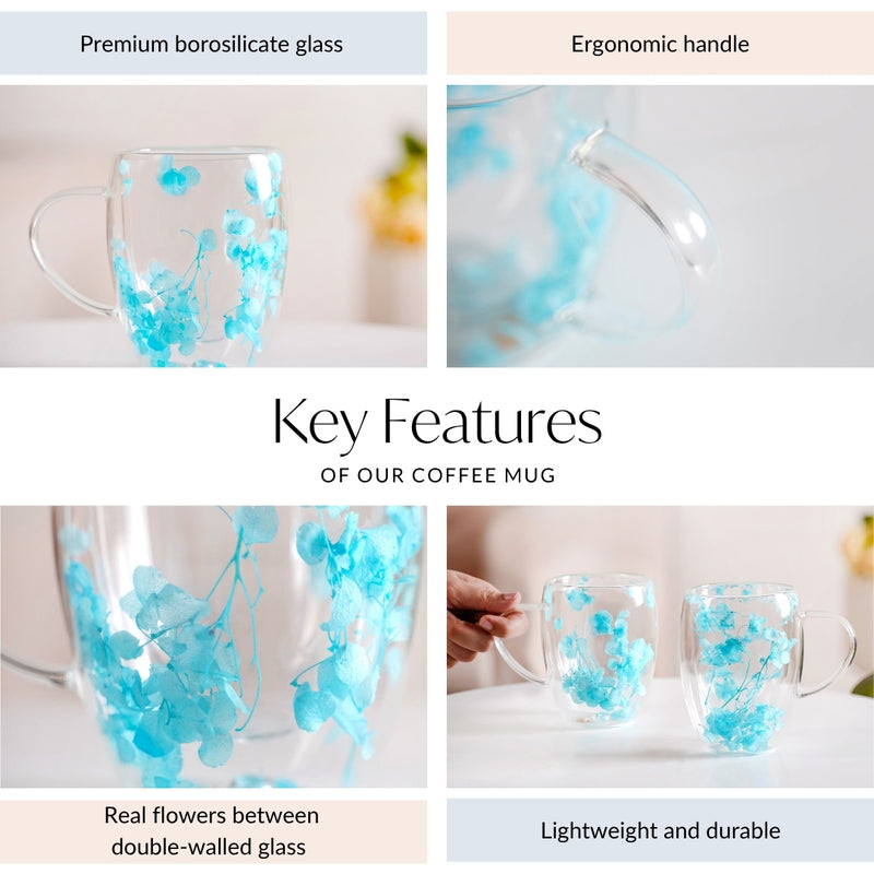 Set Of 2 Double Walled Flower Coffee Mug Blue 350ml