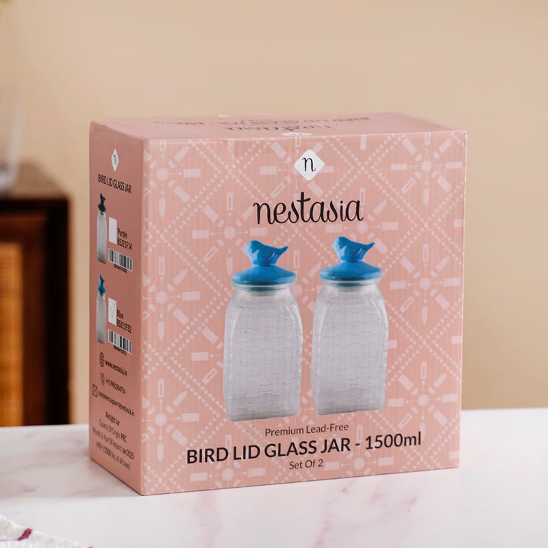 Set Of 2 Glass Jar With Ceramic Bird Lid 1500ml