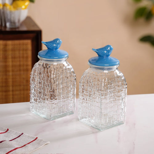 Set Of 2 Glass Jar With Ceramic Bird Lid 1500ml