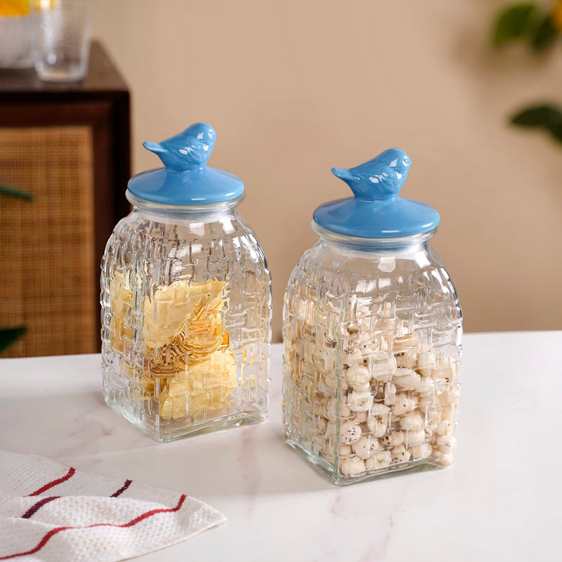 Set Of 2 Glass Jar With Ceramic Bird Lid 1500ml