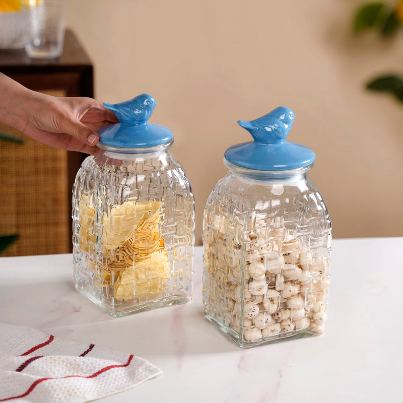 Set Of 2 Glass Jar With Ceramic Bird Lid 1500ml