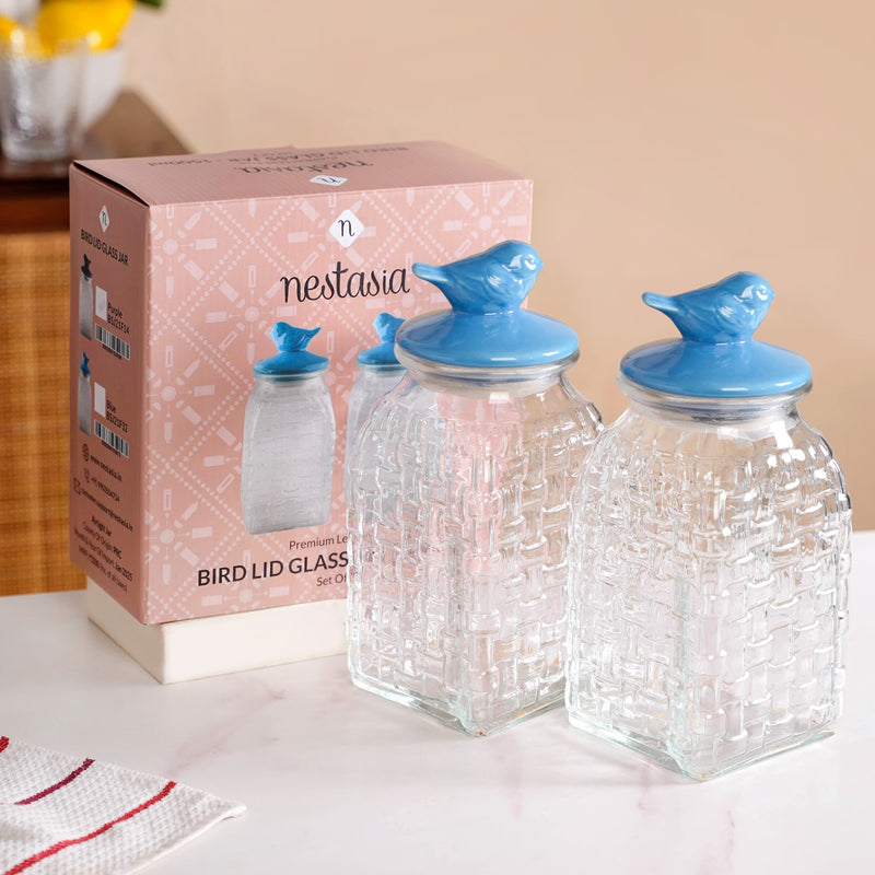 Set Of 2 Glass Jar With Ceramic Bird Lid 1500ml