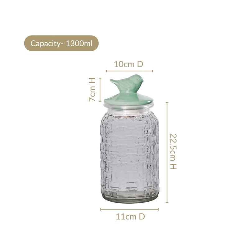 Set Of 2 Glass Jars With Green Bird Lid 1300ml