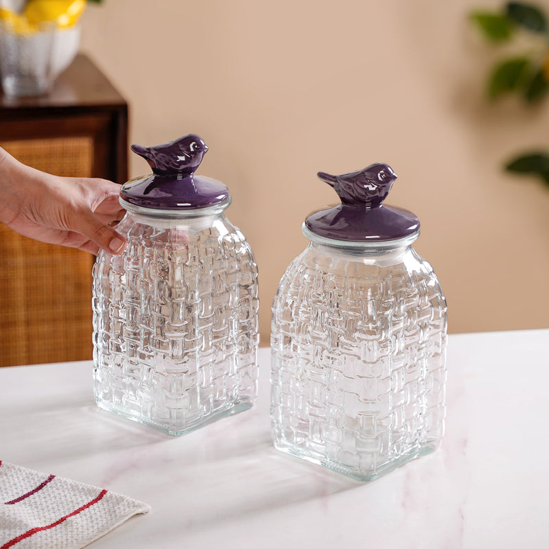 Set Of 2 Glass Storage Container with Ceramic Bird Lid 1500ml