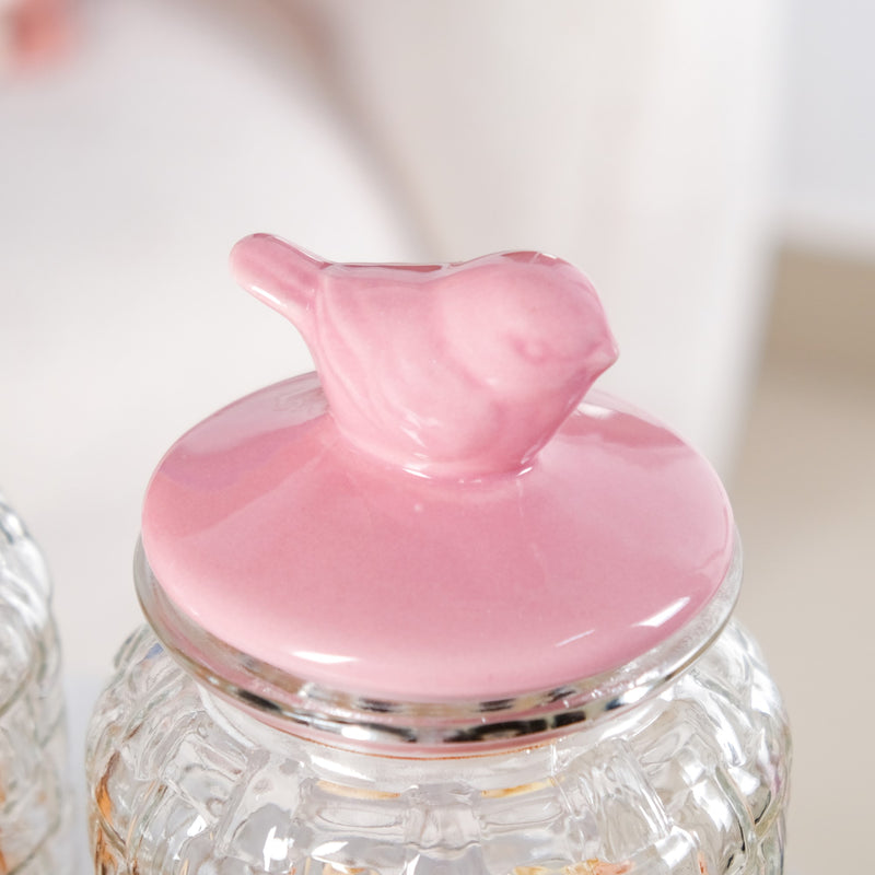 Set Of 2 Pink Bird Ceramic Lid Glass Storage Jar 1000ml