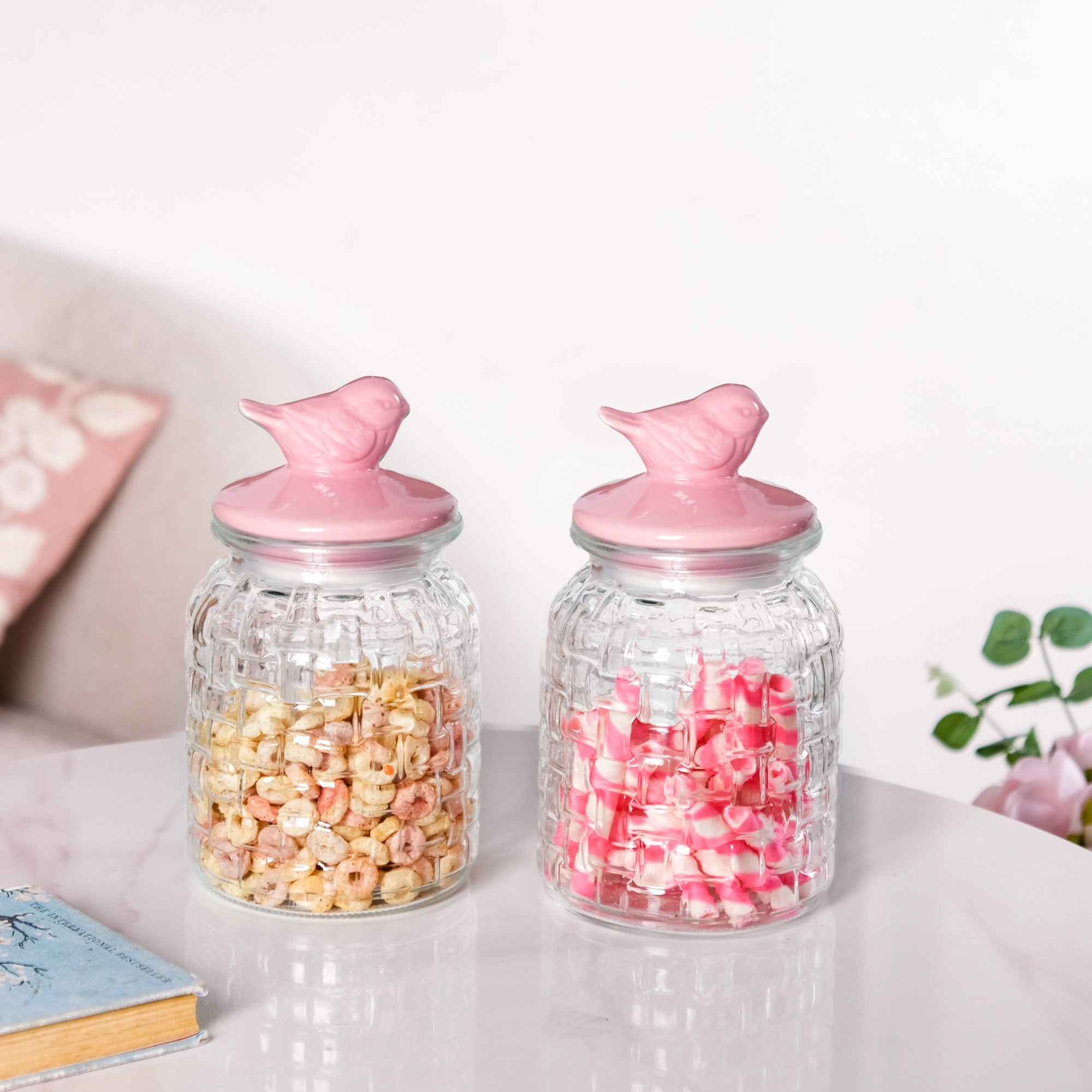 Set Of 2 Pink Bird Ceramic Lid Glass Storage Jar 1000ml