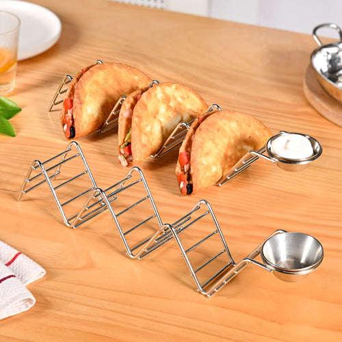 Set Of 2 Zig-Zag Stainless Steel Taco Holder With Dip Bowls