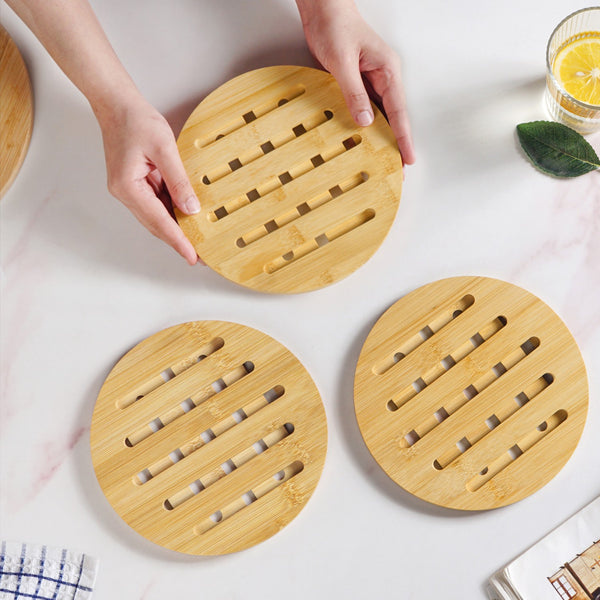Set Of 3 Round Bamboo Wood Trivet