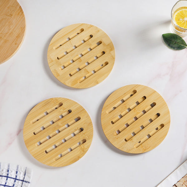 Set Of 3 Round Bamboo Wood Trivet