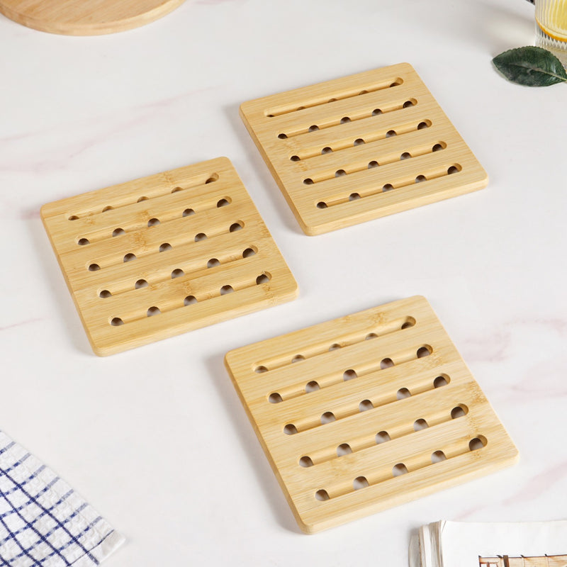 Set Of 3 Bamboo Wood Square Trivet