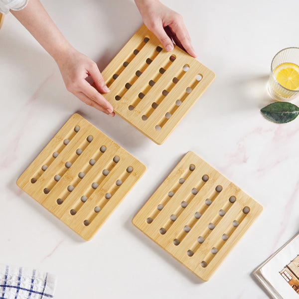 Set Of 3 Bamboo Wood Square Trivet