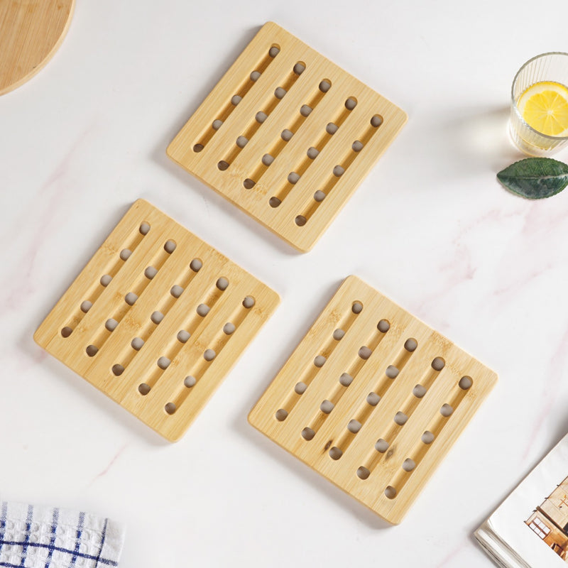 Set Of 3 Bamboo Wood Square Trivet