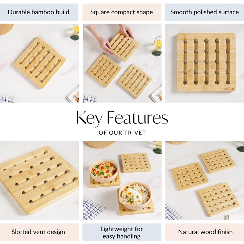 Set Of 3 Bamboo Wood Square Trivet