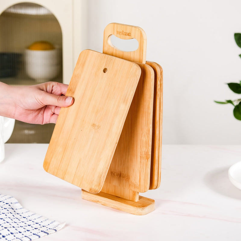Set Of 4 Bamboo Serving Tray With Stand