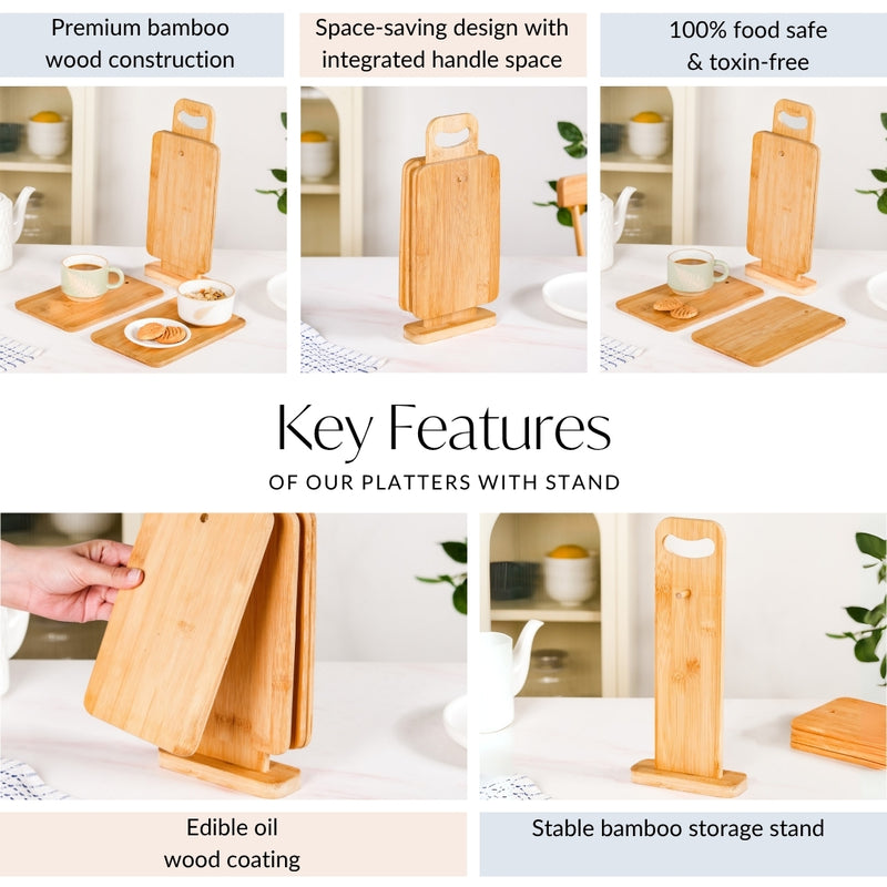 Set Of 4 Bamboo Serving Tray With Stand