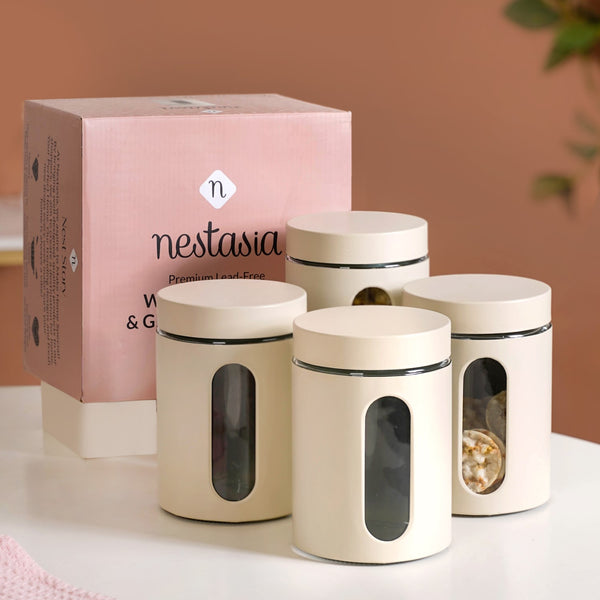 Set Of 4 Glass Storage Canister With Viewing Window 1200ml