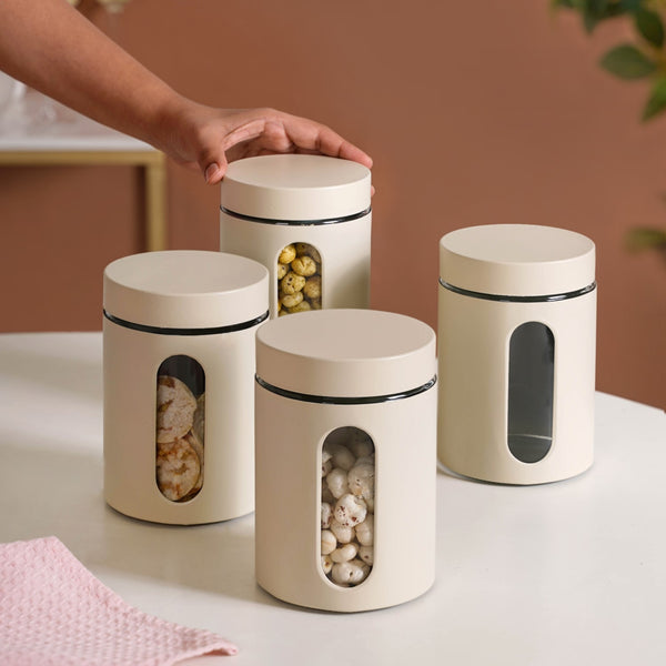 Set Of 4 Glass Storage Canister With Viewing Window 1200ml