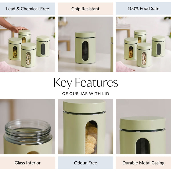 Set Of 4 Metal Canister With Glass Window Jar 1200ml