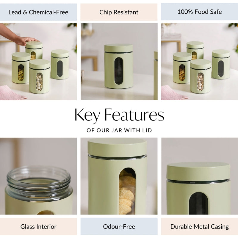 Set Of 4 Green Metal Canister With Glass Window Jar 850ml