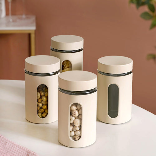 Set Of 4 Metal Canister With Glass Viewing Window 1000ml