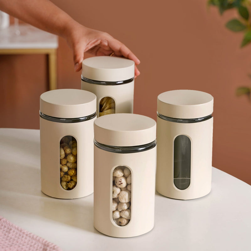 Set Of 4 Metal Canister With Glass Viewing Window 1000ml