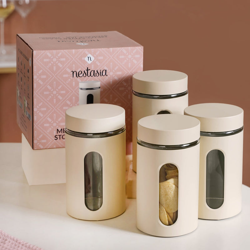 Set Of 4 Metal Canister With Glass Viewing Window 1000ml