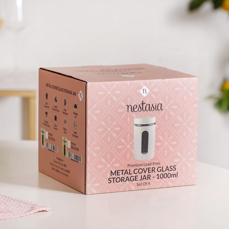 Set Of 4 Metal Canister With Glass Viewing Window 1000ml