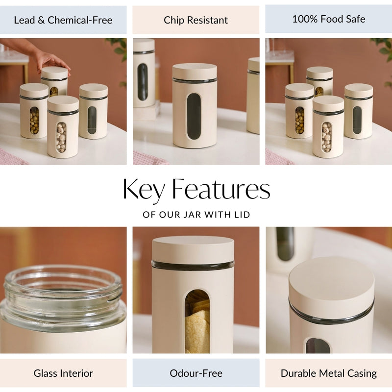 Set Of 4 Metal Canister With Glass Viewing Window 1000ml