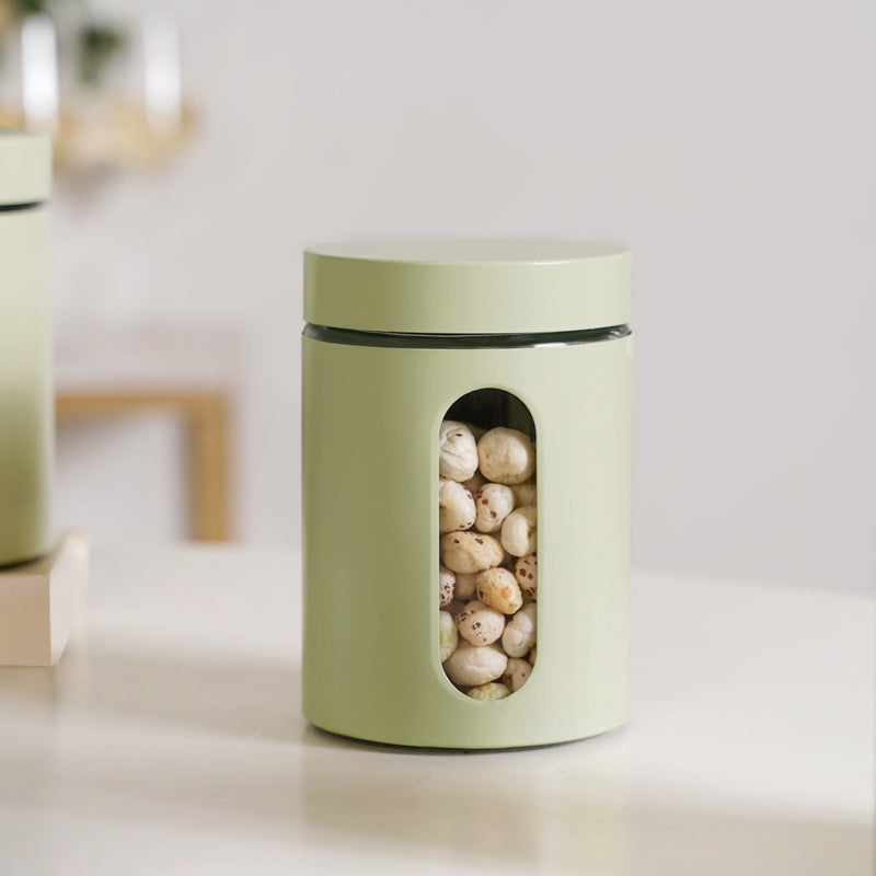 Set Of 4 Green Metal Canister With Glass Window Jar 850ml