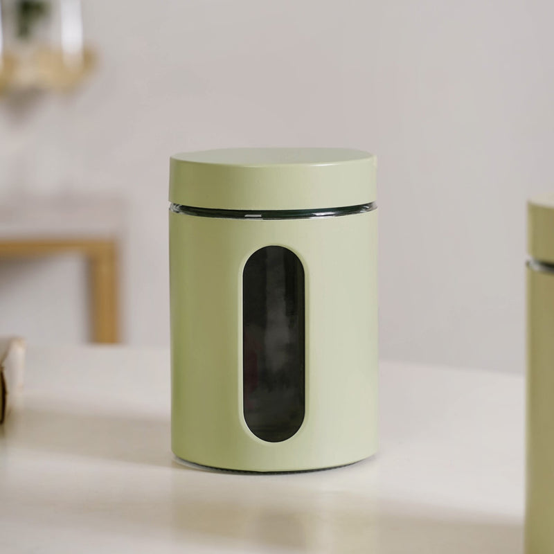 Set Of 4 Green Metal Canister With Glass Window Jar 850ml