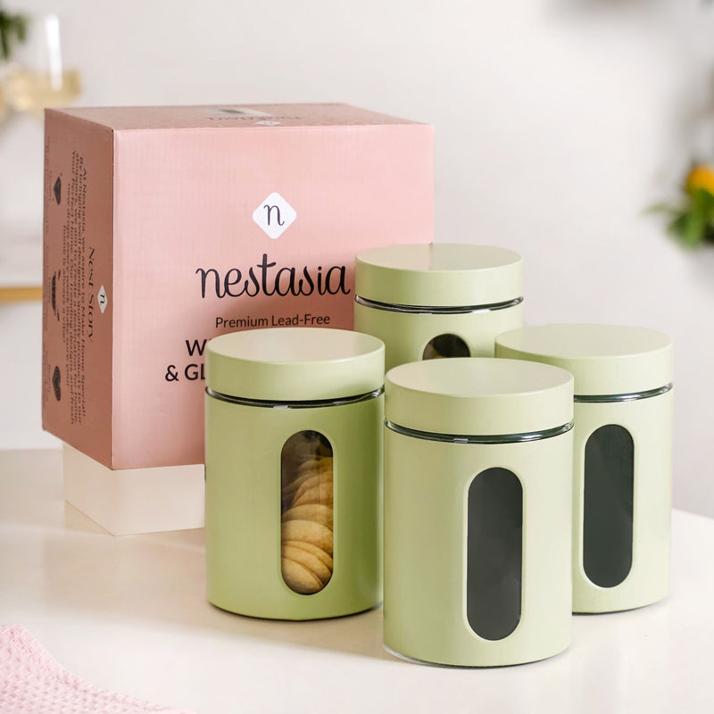 Set Of 4 Green Metal Canister With Glass Window Jar 850ml