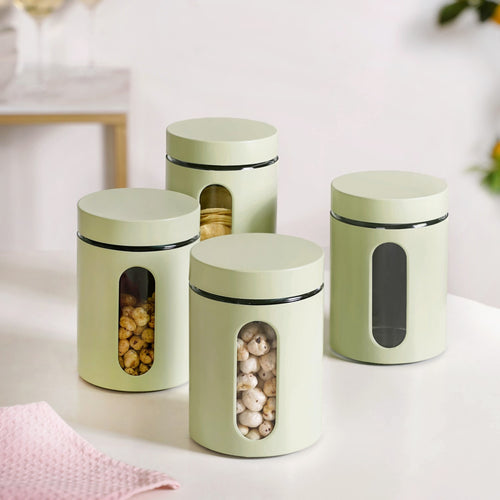 Set Of 4 Green Metal Canister With Glass Window Jar 850ml