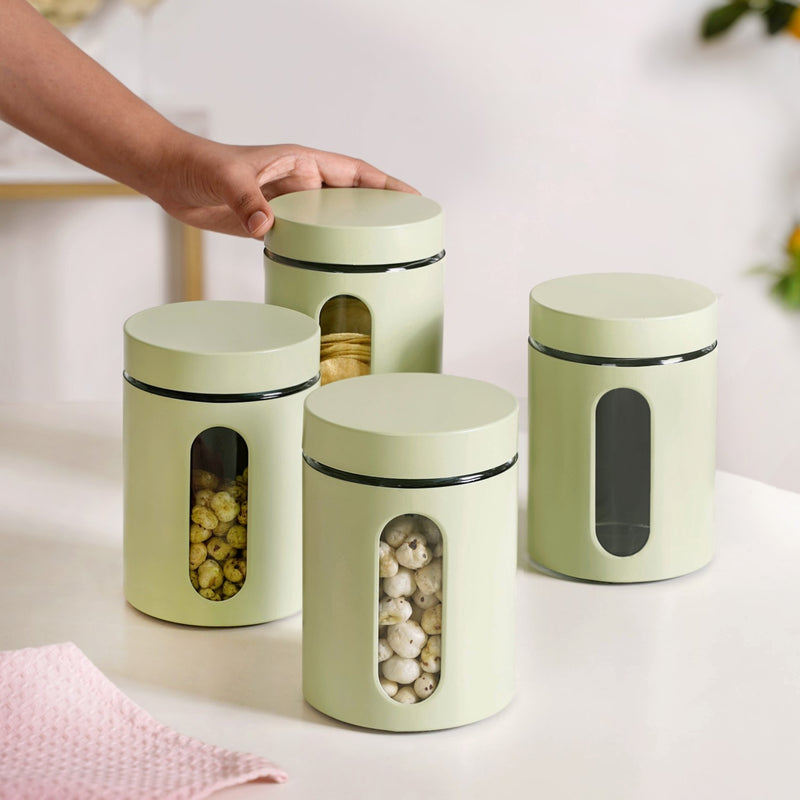 Set Of 4 Green Metal Canister With Glass Window Jar 850ml