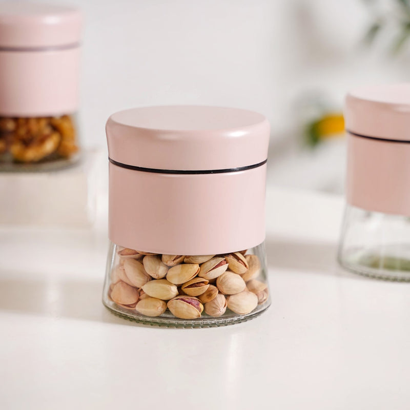 Set Of 4 Metal Storage Jar With Clear Glass Base 600ml