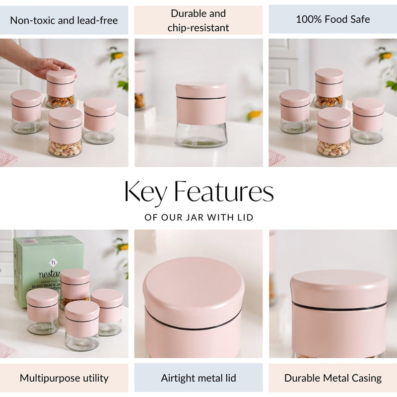 Set Of 4 Metal Storage Jar With Clear Glass Base 600ml