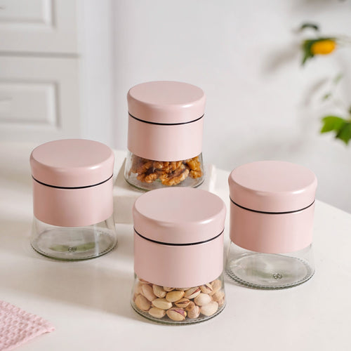 Set Of 4 Metal Storage Jar With Clear Glass Base 600ml